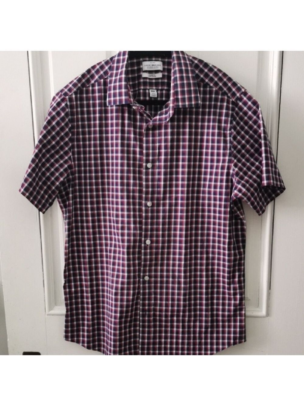 Lucky Brand 🍀 button down red check plaid shirt short sleeves. Size M 15-15 1/2